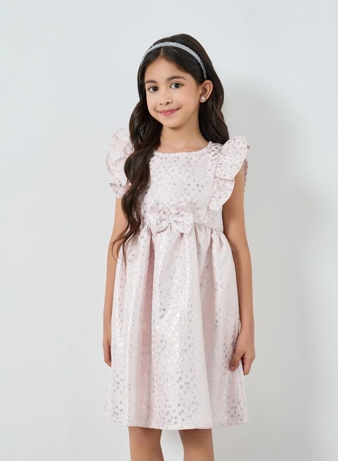 Styli Girls Pink Jacquard Fit and Flare Sleeveless Dress